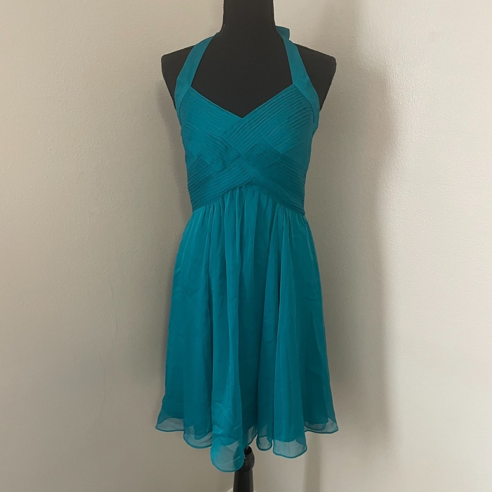 THE LIMITED EVENT Sz 4 Teal Blue Tie Halter Neck Fit‎ Flare Cocktail Pleated